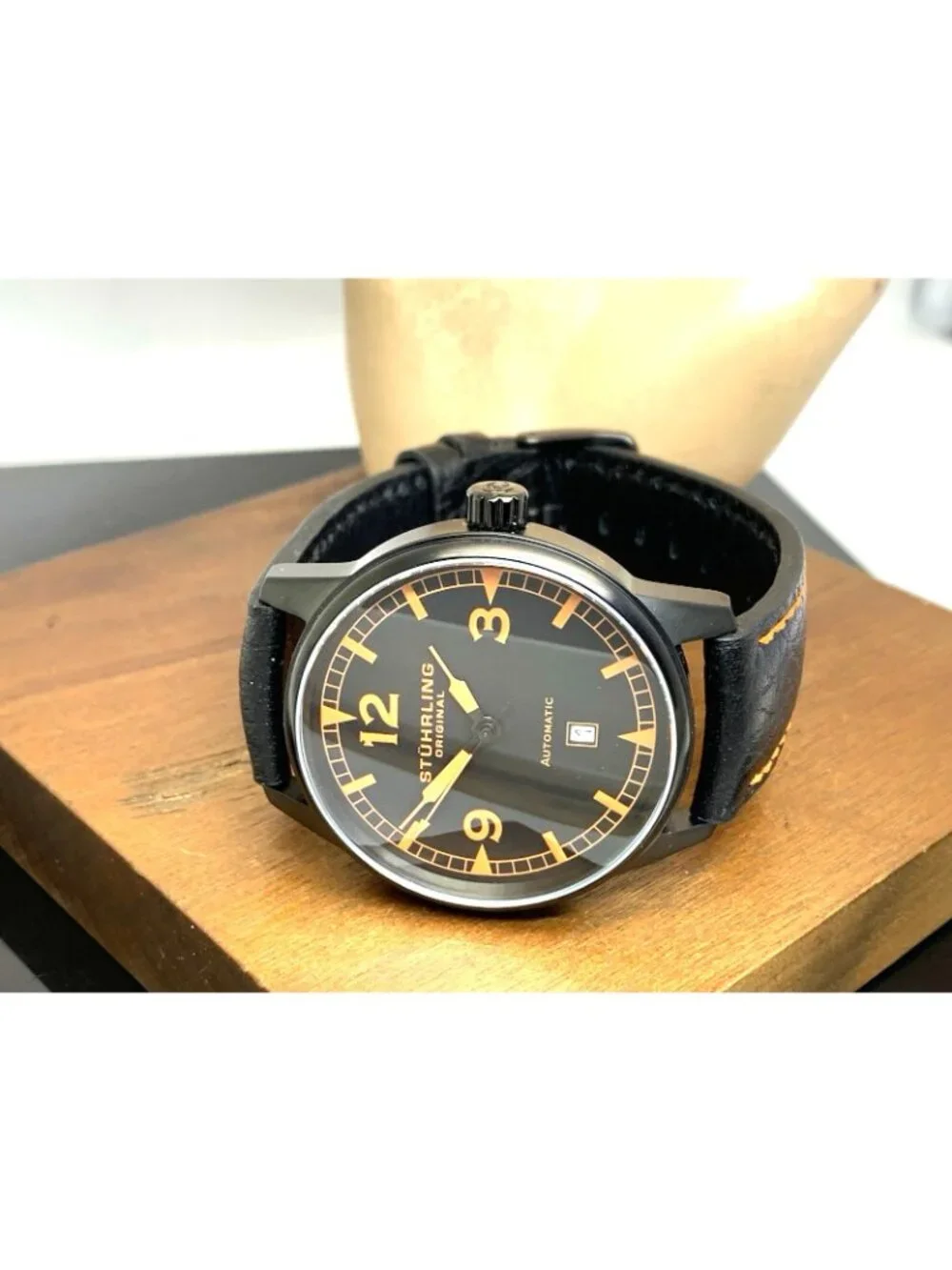 Stuhrling Men's Watch ST-900016 Automatic Black Orange Dial Leather Band 44mm